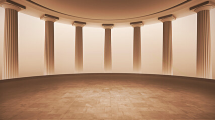 Front view of a minimal, ancient temple, virtual TV broadcast background. Ideal for history shows, documentaries, or educational events. 3D rendering backdrop suitable on VR tracking system stage sets