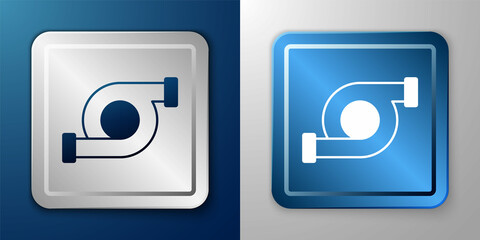 White Automotive turbocharger icon isolated on blue and grey background. Vehicle performance turbo. Turbo compressor induction. Silver and blue square button. Vector