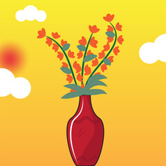 Clay made flower vase with flowers and sunrise or morning concept vector illustration. Indoor Plant.