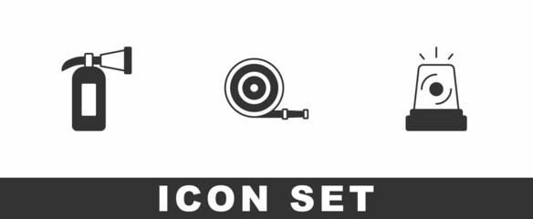 Set Fire extinguisher, hose reel and Flasher siren icon. Vector