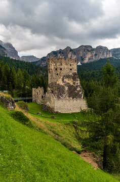 Castello di Andraz castle ruins bellow Passo Falzarego in Dolomites mountains in Italy