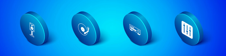 Set Isometric Stereo speaker, Sound mixer controller, and Vinyl player icon. Vector