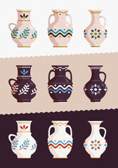 Amphora. A set of clay vessels. Painting on ceramics. Ornaments on a clay jug. Vector illustration of objects of ancient culture.