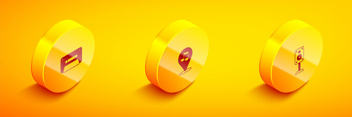 Set Isometric Retro audio cassette tape, Location musical note and Stereo speaker icon. Vector