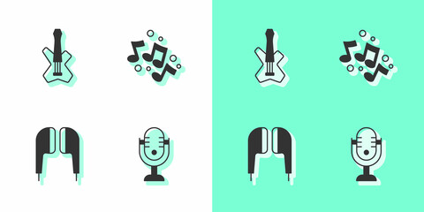 Set Microphone, Electric bass guitar, Air headphones and Music note, tone icon. Vector