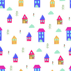 Bright seamless pattern for children. Children's drawing. Winter houses. winter mood. Hand drawing.