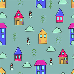 Bright seamless pattern for children. Children's drawing. Winter houses. winter mood. Hand drawing.