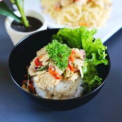 dori ricebowl with matah sauce and dory fish topping served crispy. savory and different combination.