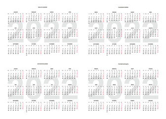 Calendar of 2022 year on english, spanish, russian, deutsch language, calender. Vector Illustration