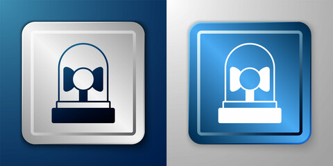 White Ringing alarm bell icon isolated on blue and grey background. Fire alarm system. Service bell, handbell sign, notification symbol. Silver and blue square button. Vector
