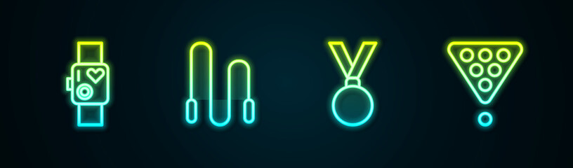 Set line Smart watch showing heart beat rate, Jump rope, Medal and Billiard balls rack triangle. Glowing neon icon. Vector