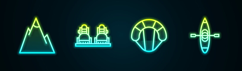 Set line Mountains, Snowboard, Parachute and Kayak or canoe. Glowing neon icon. Vector