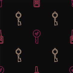 Set line Car key with remote, Old and Key on seamless pattern. Vector