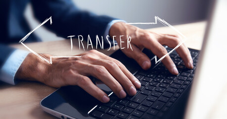 icons of arrows on opposite sides in and inscription list. man working with laptop