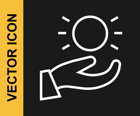 White line Ball levitating above hand icon isolated on black background. Levitation symbol. Vector