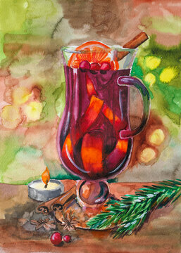 Still life with spices and a glass of mulled wine