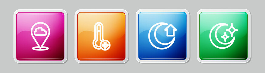 Set line Location cloud, Meteorology thermometer, Moon and and stars. Colorful square button. Vector