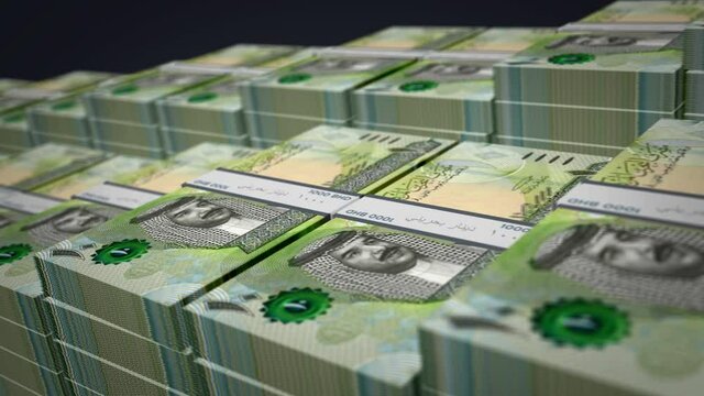 Bahrain Dinar banknote bundle growth up loop. BHD money stacks. Concept of cash pack, banking, travel, business, economy and finance. Loopable seamless 3d animation.