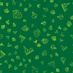 Set line Popcorn in box and glass, Bottles ball and Ice cream waffle cone on seamless pattern. Vector