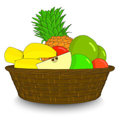 Brown basket with fruits isolated on white background. Cartoon style. Pineapple, bananas and apples in a basket. Vector illustration