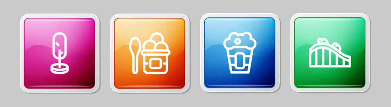Set line Tree, Ice cream in bowl, Popcorn box and Roller coaster. Colorful square button. Vector