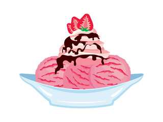 Strawberry ice cream sundae with chocolate icing vector. Pink ice cream cup with whipped cream icon isolated on a white background