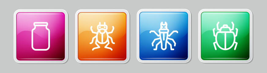 Set line Glass jar, Beetle bug, Termite and Mite. Colorful square button. Vector