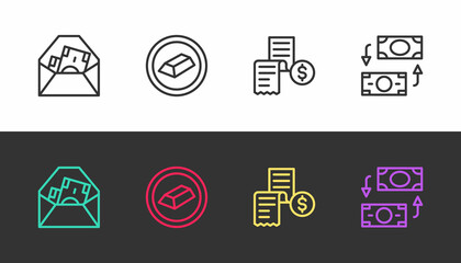 Set line Envelope with dollar symbol, Gold bars, Paper or financial check and Money exchange on black and white. Vector