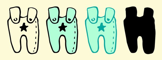 set of turquoise baby pants with a star. a jumpsuit with straps with a seam texture, a black outline and a silhouette drawn by hand for a design template. clothes for babies