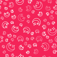 White line Moon and stars icon isolated seamless pattern on red background. Cloudy night sign. Sleep dreams symbol. Full moon. Night or bed time sign. Vector