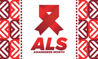 ALS Awareness Month. Amyotrophic lateral sclerosis. Annual campaign is held in May in United States. Control and protection. Prevention campaign. Medical health care concept. Vector illustration