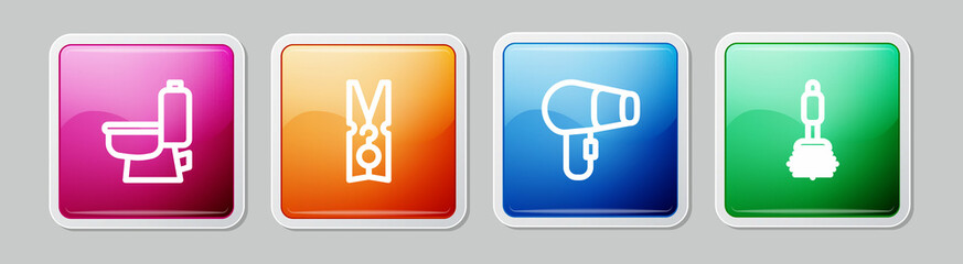Set line Toilet bowl, Clothes pin, Hair dryer and brush. Colorful square button. Vector