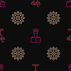Set line Cocktail, Ship steering wheel and Captain of ship on seamless pattern. Vector