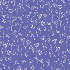 Seamless pattern with meadow flowers in Ditsy style, trendy blue with violet-red undertone, colors of the year 2022