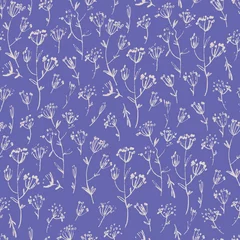 Stof per meter Naadloos patroon met weidebloemen in Ditsy-stijl, trendy blauw met violetrode ondertoon, kleuren van het jaar 2022 © Blooming Sally