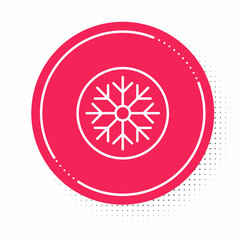 White line Snowflake icon isolated on white background. Merry Christmas and Happy New Year. Red circle button. Vector