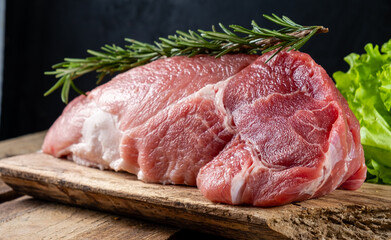 Raw pork on a wooden table and a dark background.