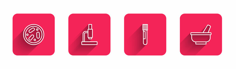 Set line Petri dish with bacteria, Microscope, Test tube and flask and Mortar pestle with long shadow. Red square button. Vector