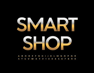 Fototapeta na wymiar Vector business logo Smart Shop with metallic stylish Font. Gold modern Alphabet Letters and Numbers set