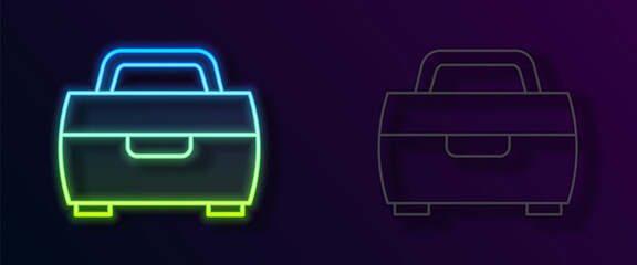 Glowing neon line Case or box container for wobbler and gear fishing equipment icon isolated on black background. Fishing tackle. Vector