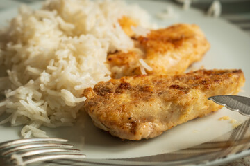 fried breaded chicken breast fillet and basmati rice