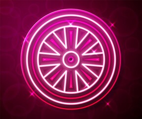 Glowing neon line Alloy wheel for car icon isolated on red background. Vector