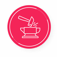 White line Blacksmith anvil tool and hammer icon isolated on white background. Metal forging. Forge tool. Red circle button. Vector