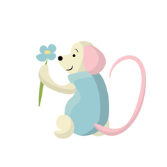 Childish cute character mouse with a flower, simple flat illustration in color