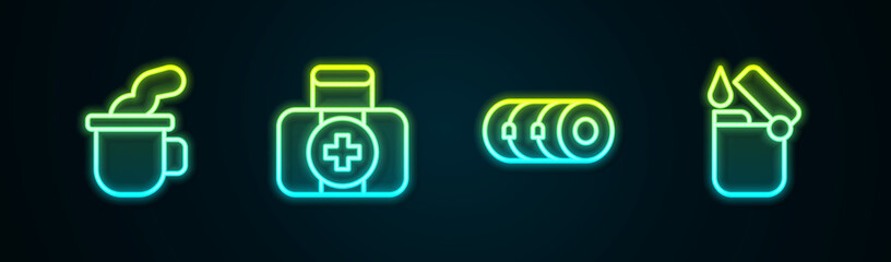 Set line Cup of tea, First aid kit, Blanket roll and Lighter. Glowing neon icon. Vector