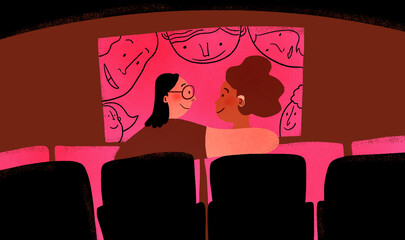 Back of couple at the movies with faces on big screen