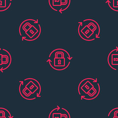 Red line Lock icon isolated seamless pattern on black background. Padlock sign. Security, safety, protection, privacy concept. Vector