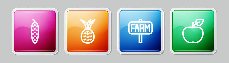 Set line Cucumber, Pineapple, Location farm and Apple. Colorful square button. Vector