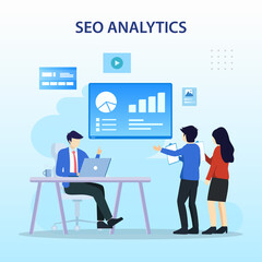 SEO Analytics Team, Search engine ranking, Seo success, Seo optimization, illustration with icons and character. Flat vector template style Suitable for Web Landing Pages.