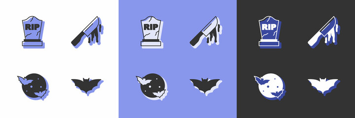 Set Flying bat, Tombstone with RIP written, Moon and stars and Bloody knife icon. Vector
